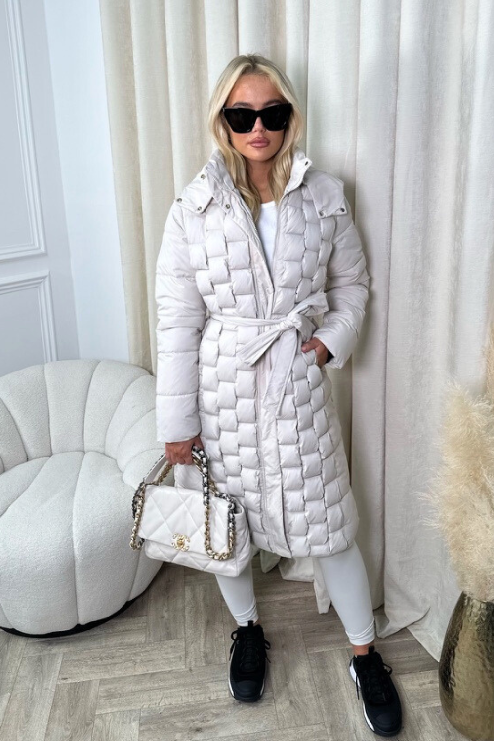 Maya beige woven long puffer coat Glamify Famous For Loungewear