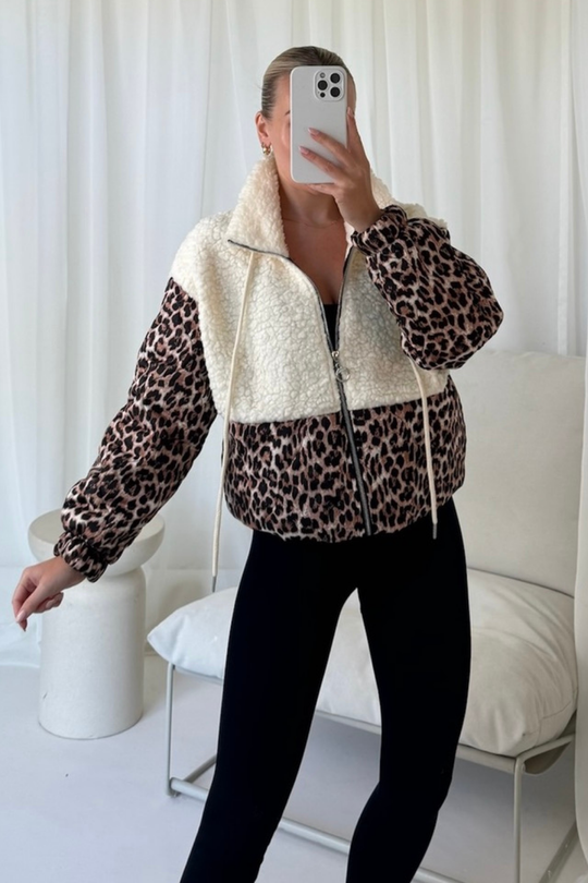 Nelly cream teddy leopard zip up jacket