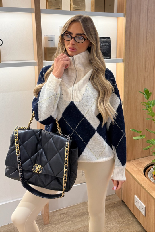 LOIS NAVY ARGYLE KNIT ZIP JUMPER