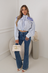 PAIGE BLUE STRIPED PAISLEY DETAILED BUTTON UP TOP