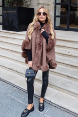 Sophie chocolate brown faux fur trim cape