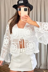Laurena white tie front crochet long sleeve top