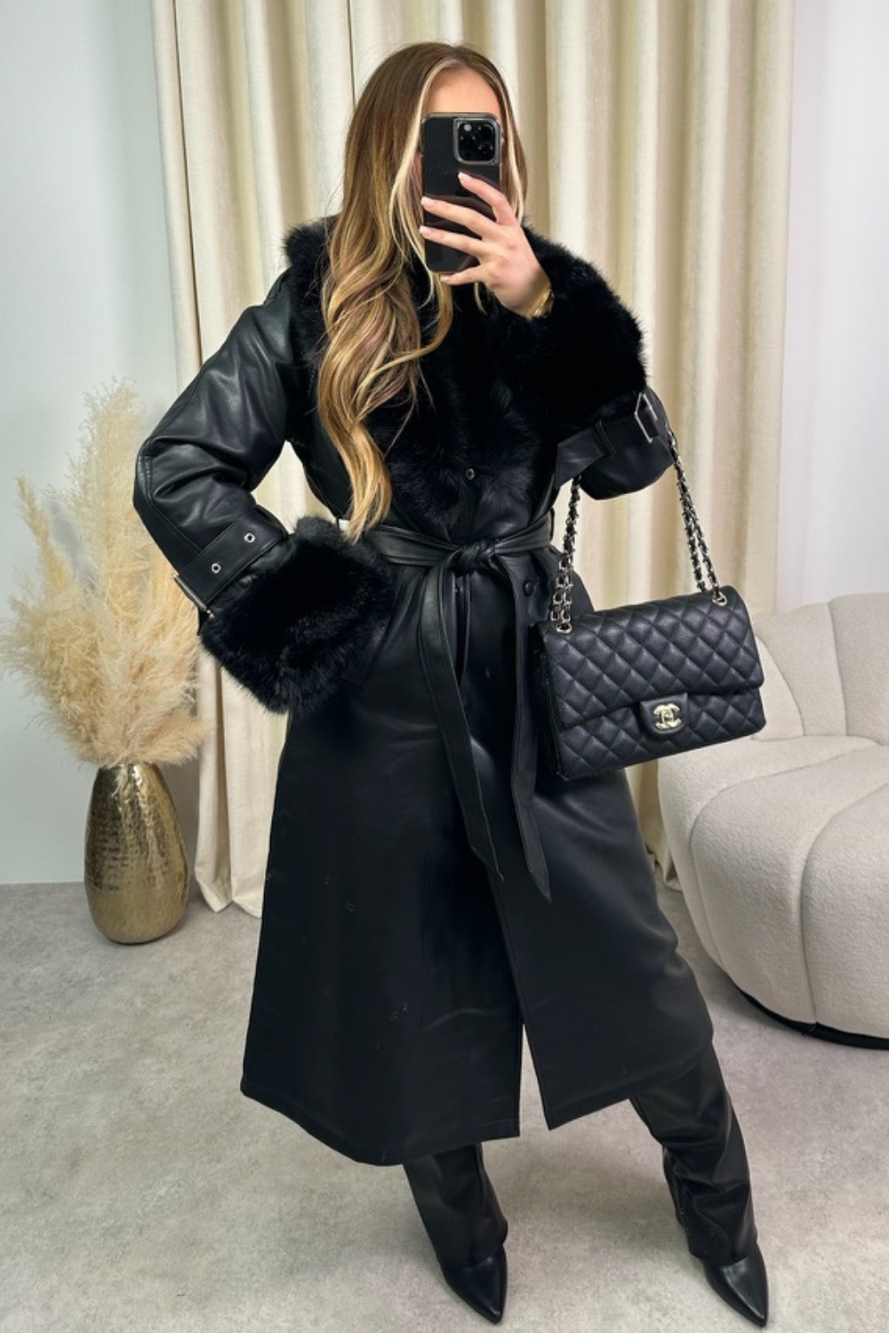 Heidi black long leather trench with faux fur collar – Glamify Famous ...