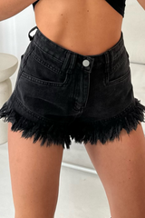 Summer black frayed denim shorts