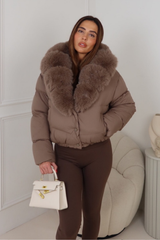 SINSENELY TAUPE FAUX FUR COLLARED COAT