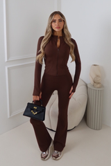 ASHER CHOCOLATE FULL ZIP JACKET AND RUCHED BUM FLARED LEGGINGS