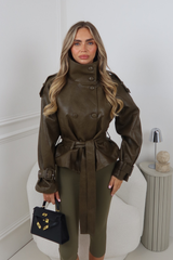 CORA KHAKI LEATHER HIGH NECK BELTED JACKET