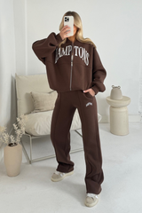 Hamptons chocolate printed bomber jacket and straight leg jogger