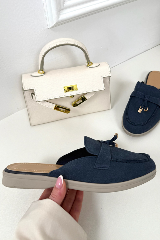 AMELIA BLUE FAUX SUEDE GOLD TASSLE MULE