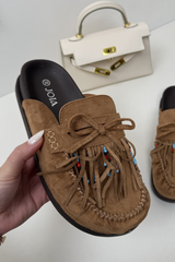 ORLANDA CAMEL FAUX SUEDE BEADED TASSLE MULE