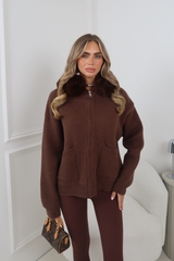 Nola Chocolate Knitted Zip Up With Faux Fur Hood