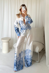 Charlie blue & cream tropical satin shirt and trouser co-ord One Size (6-14) Loungewear cash n carry
