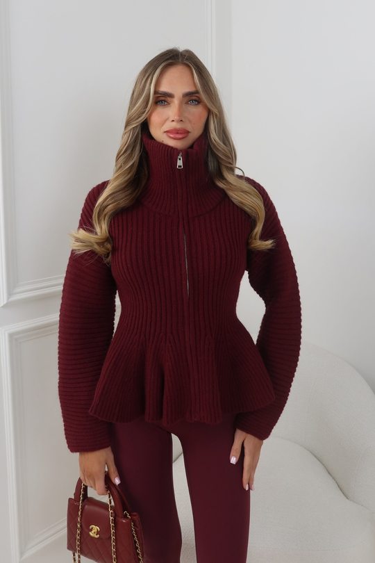 LOIS BURGUNDY ZIP-UP KNIT CARDIGAN