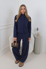FREYA NAVY BUTTON UP RIBBED TOP & TROUSER CO ORD SET