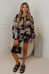 Maya black jungle print bomber shorts co ord