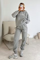 Love 3D embroidery melange grey hoodie joggers premium loungewear