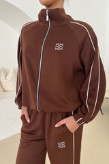 GeGe chocolate contrast piping detail zip jacket & trouser loungewear