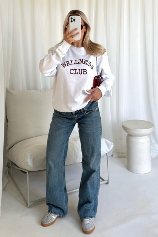 Wellness club white embroidered sweater