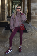 FIORA BURGUNDY CHECK PRINT HIGH NECK PUFFER JACKET