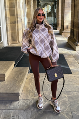 ELARA TAUPE CHECK PRINT BALLOON SLEEVE ZIP UP JACKET