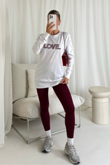 Love burgundy embroidered long sleeve t-shirt and leggings