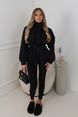 LUCINDER BLACK BELTED PUFF SLEEVE HIGH NECK JACKET