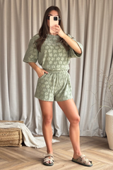 Nadine khaki floral towelling t-shirt & shorts co ord One size (6-10) co-ord