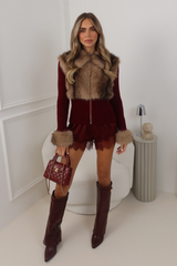 ARIANA BURGUNDY KNITTED ZIP UP CARDIGAN WITH FUR COLLAR