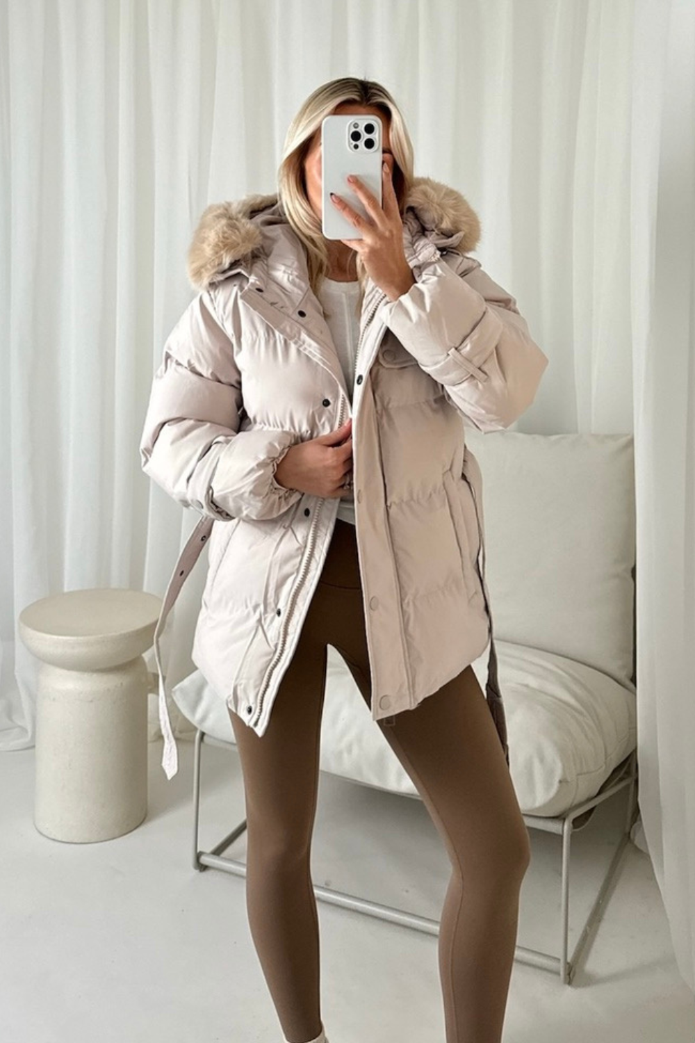 Margot Beige padded faux fur hooded Coat Glamify Famous For Loungewear