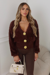 Maddie chocolate fluffy knit gold button cardigan