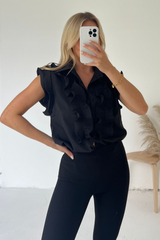 Maisy black button up frill sleeveless blouse