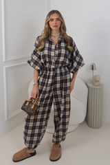 KENDALL NAVY CHECK PUFF SLEEVE SHIRT