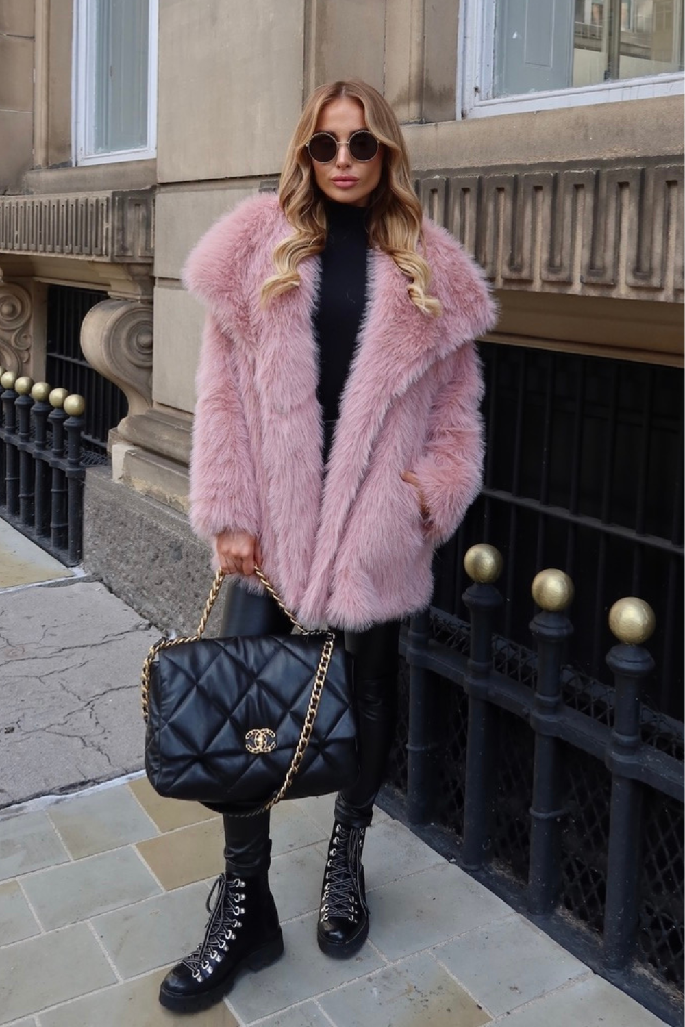 Pink faux fur coat long shop