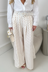 ADIBA CREAM POLKA DOT BELTED STRAIGHT LEG TROUSERS