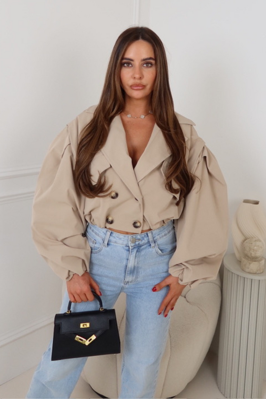 Rhi beige cinched waist cropped trench jacket