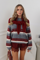 TEDDI BURGUNDY AND GREY STRIPED JUMPER WITH SCARF