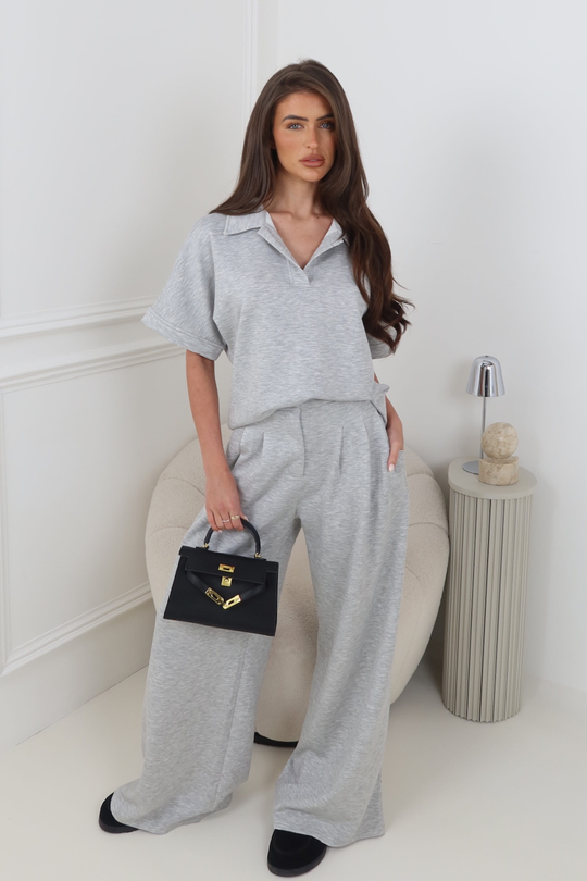 DYLAN GREY SHORT SLEEVE COLLARED TOP AND PANTS CO ORD TWO PIECE SET