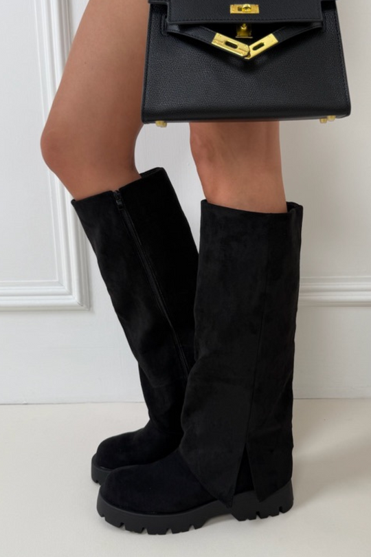 Alivia black faux suede knee high flat boots