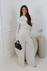 ISLA CREAM POLKA DOT LONG SLEEVE TROUSER CO ORD TWO PIECE SET