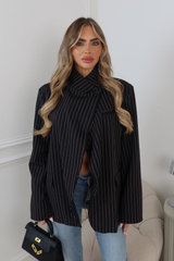 CHER PIN STRIPED BLACK HIGH NECK SHOULDER PADDED BLAZER