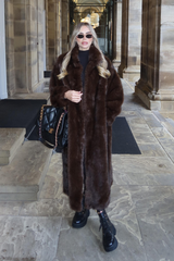 ELLE CHOCOLATE COLLARED MAXI LENGTH FAUX FUR COAT