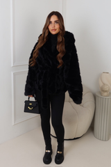 MARKIE BLACK BELTED FAUX FUR HOODED COAT
