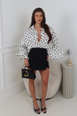 JANE IVORY POLKA DOT RUFFLE CUFF SHIRT