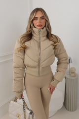 GRACE BEIGE FITTED ZIP UP CROPPED PUFFER JACKET