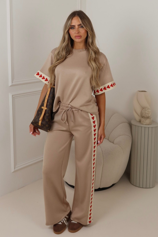 Lola beige heart trim tshirt & straight leg jogger loungewear