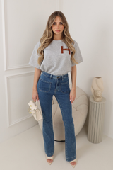 MIA GREY T-SHIRT WITH FAUX LEATHER H BUCKLE