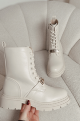 Natasha cream buckle biker boots