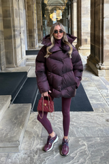 CARMILLA BURGUNDY HIGH COLLAR SHINE FINISH HOODED PUFFER COAT