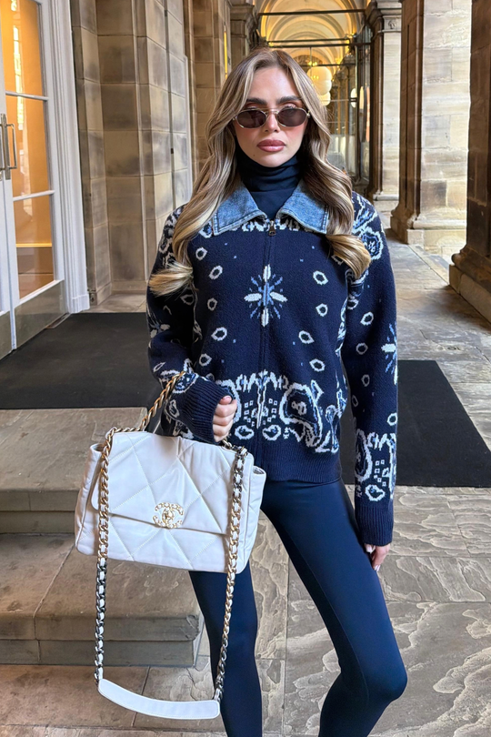 JOYCE NAVY PAISLEY PRINT ZIP UP JUMPER WITH DENIM COLLAR