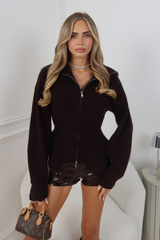 LUMI CHOCOLATE KNITTED ZIP UP PEPLUM CARDIGAN